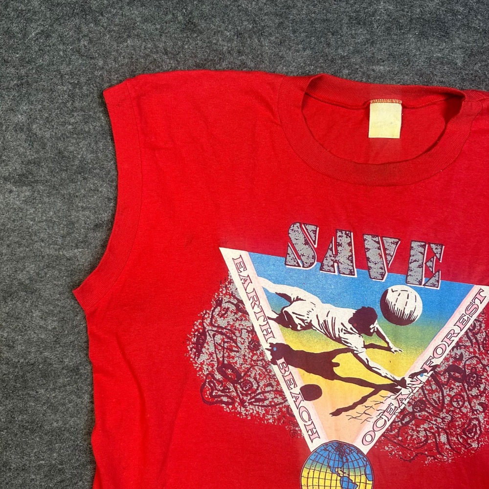 Vintage 80s Save Earth Beach Ocean Forest Muscle Shirt Red Graphic Tee Large - Picture 13 of 15